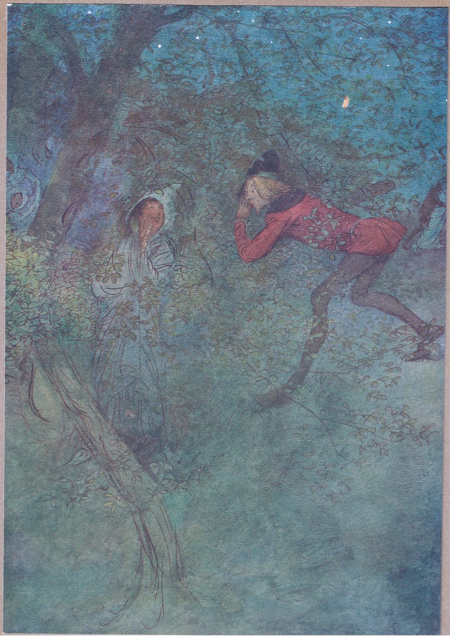 Ik ging naar haar en riep Moeder en zij riep Budget, illustratie uit De Vrolijke Vrouwtjes van Windsor, 1910 door Hugh Thomson