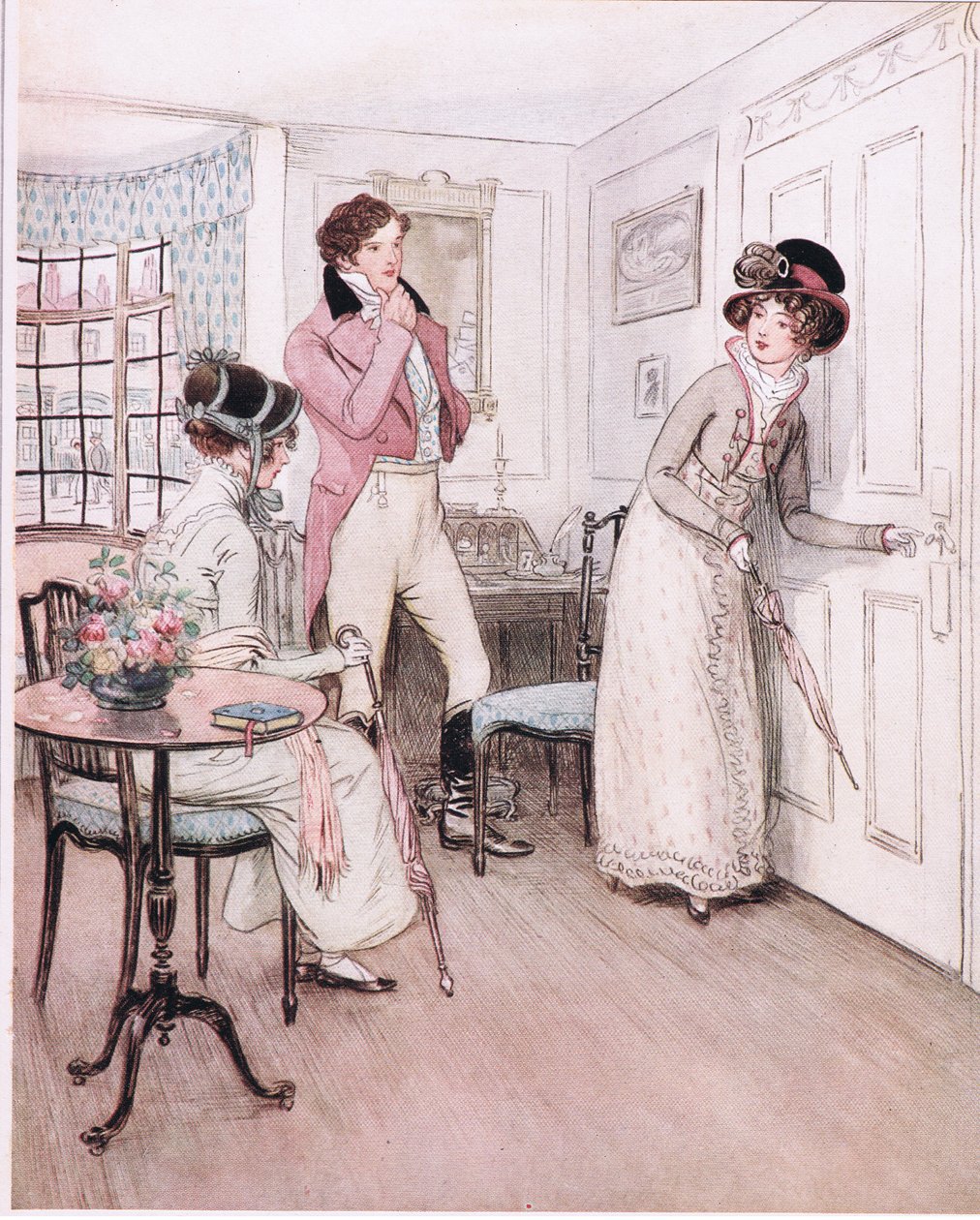 Miss Henrietta en Miss Fanny, aangemoedigd door deze sympathie, naderen de deur van de interessante slaapkamer door Hugh Thomson