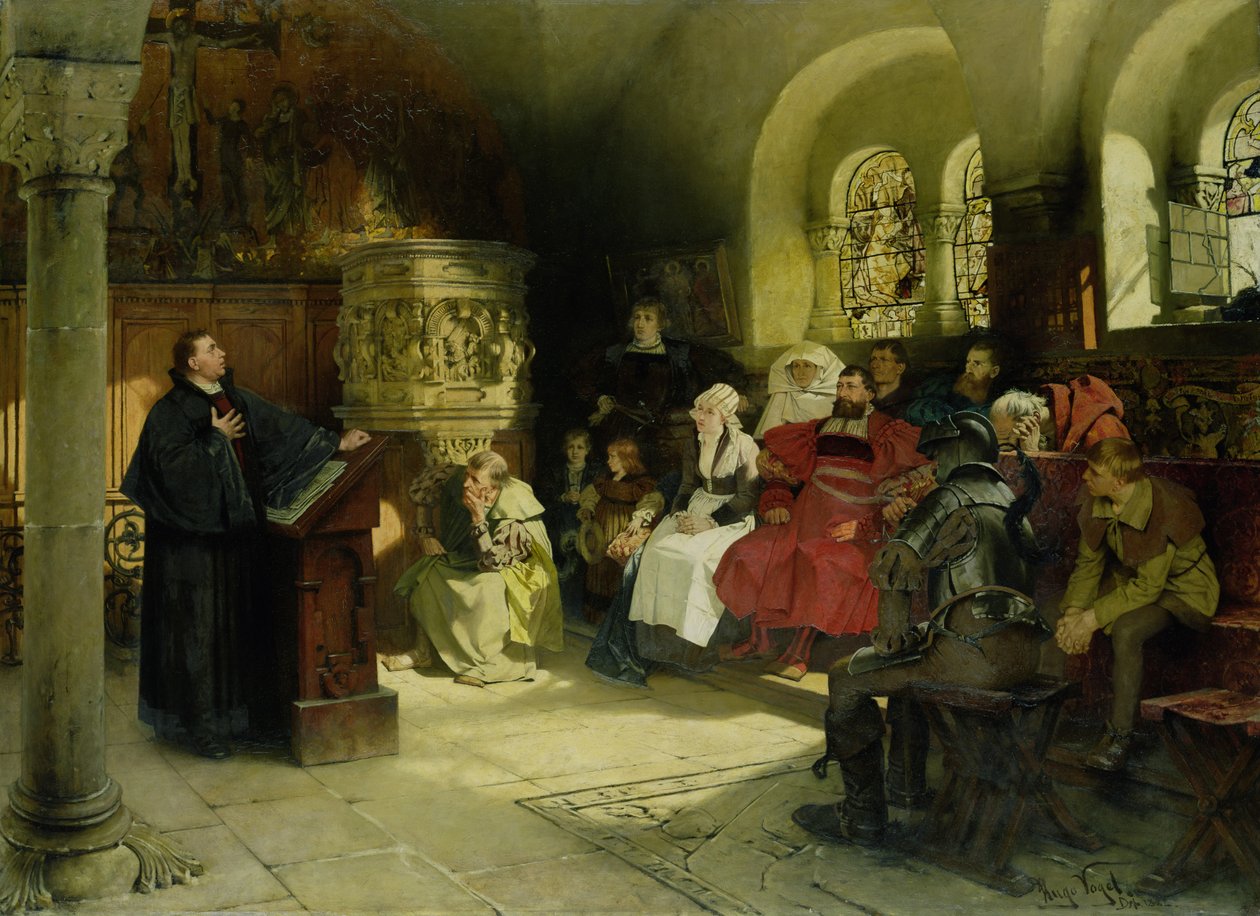 Luther preekt met zijn bijbelvertaling terwijl hij gevangen zit in Wartburg, 1882 door Hugo Vogel