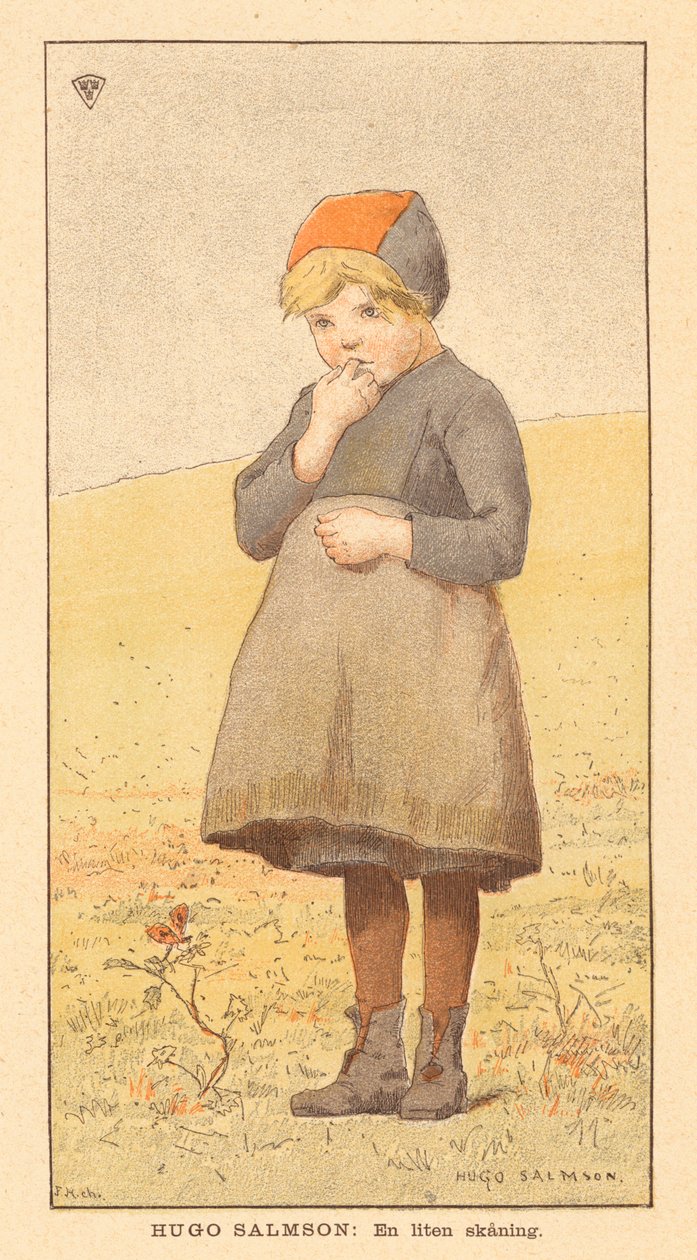 Jong meisje uit Scania, Zuid-Zweden (kleurenlitho) door Hugo (after) Salmson