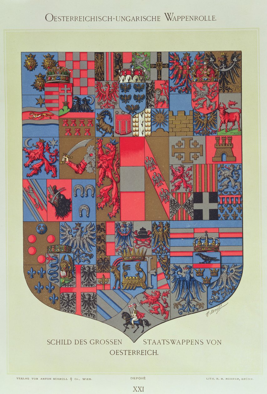 Wapen van het Oostenrijks-Hongaarse Rijk, met de wapenschilden van het Keizerlijk Oostenrijks Hof, gegraveerd door R. M. Rohrer door Hugo Gerard Strohl
