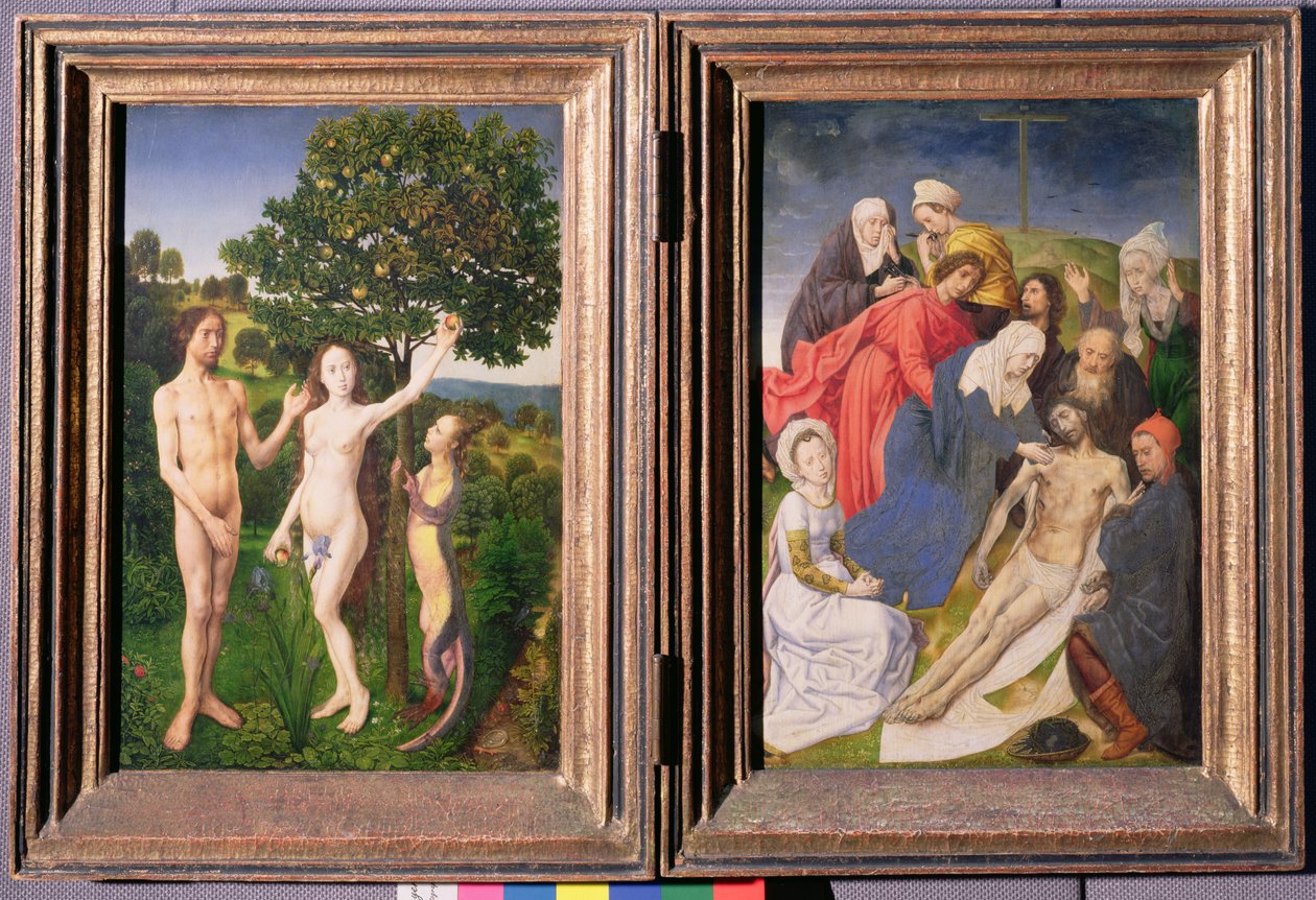 Diptychon: De Zondeval (Adam en Eva, Slang en Appel) en Kruisafneming van Jezus (na 1479) door Hugo van der Goes
