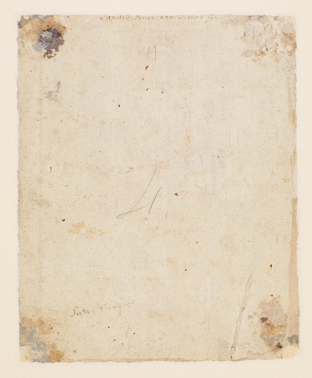 Inscriptie op verso: boven midden, bruine inkt, Italiaanse 18e-eeuwse hand: "Sandro schrijft dat hij zeker zal zijn"; daaronder, bruine inkt, 19e-eeuwse hand: "Petro Perugino" door Hugo van der Goes
