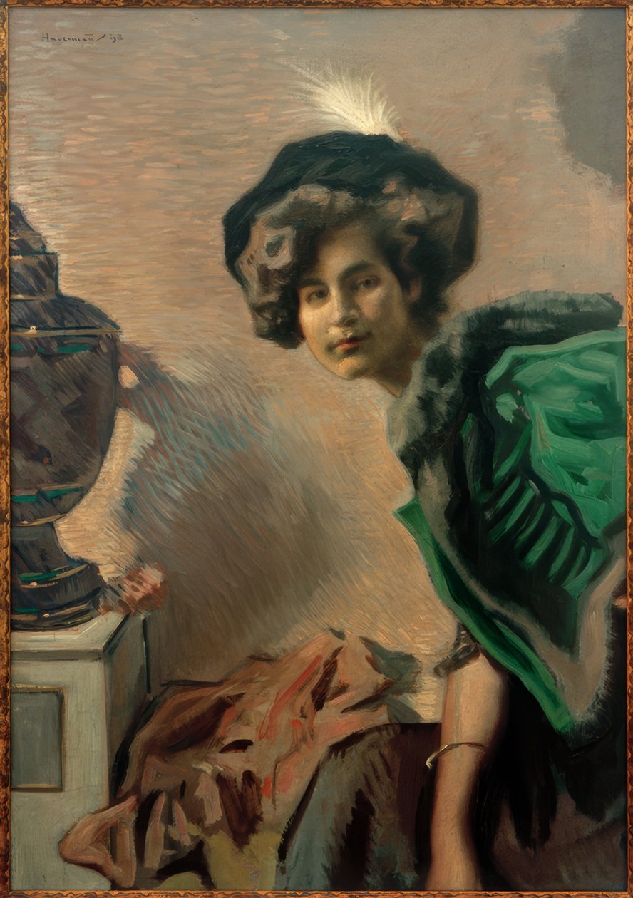 Vrouwenportret (In de groene dolman) door Hugo von Habermann
