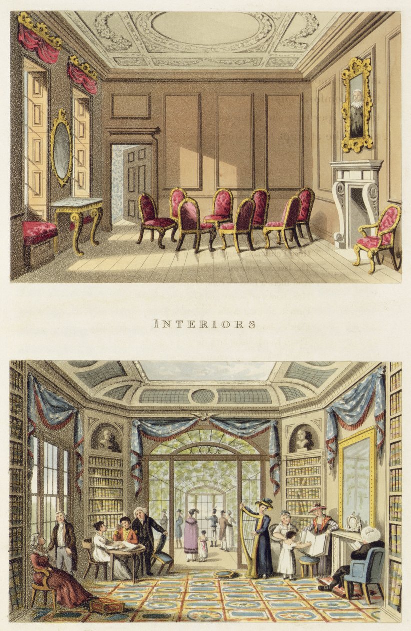 Interieurs: De oude cederkamer en de moderne woonkamer, uit 