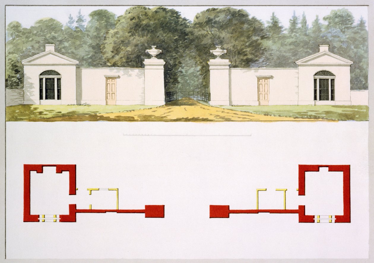 Elevatie- en grondplannen van voorgestelde nieuwe ingangspoort en lodges, uit het Rode Boek voor Antony House, c.1812 door Humphry Repton