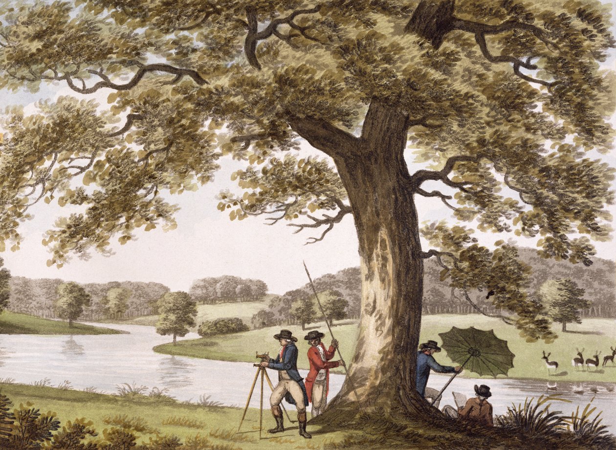 Humphrey Repton die met een Theodoliet meet door Humphry Repton