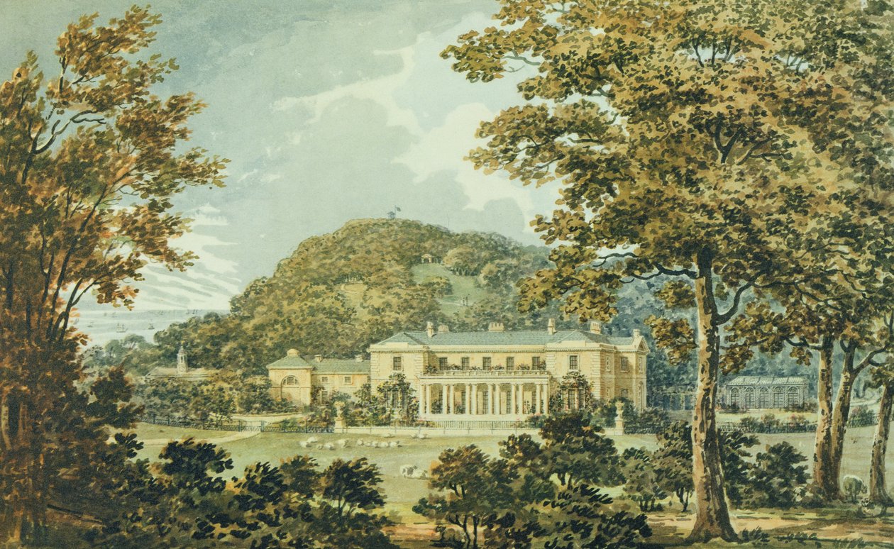 De zuidkant met oostkant in perspectief, uit het Rode Boek voor Antony House, ca. 1812 door Humphry Repton