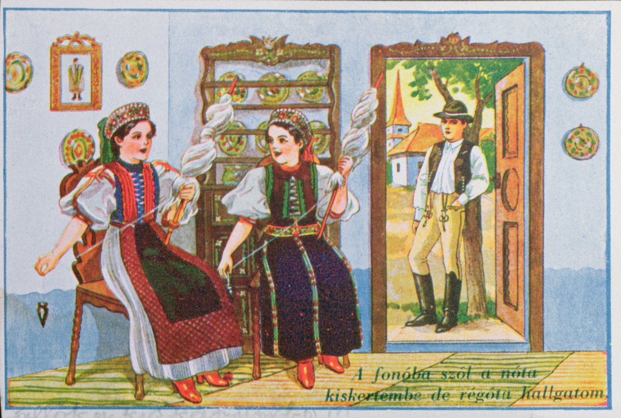 Ansichtkaart met vrouwen in traditionele Hongaarse kleding die het populaire lied Zing een lied voor de kikker zingen, ca. 1940 door Hungarian School