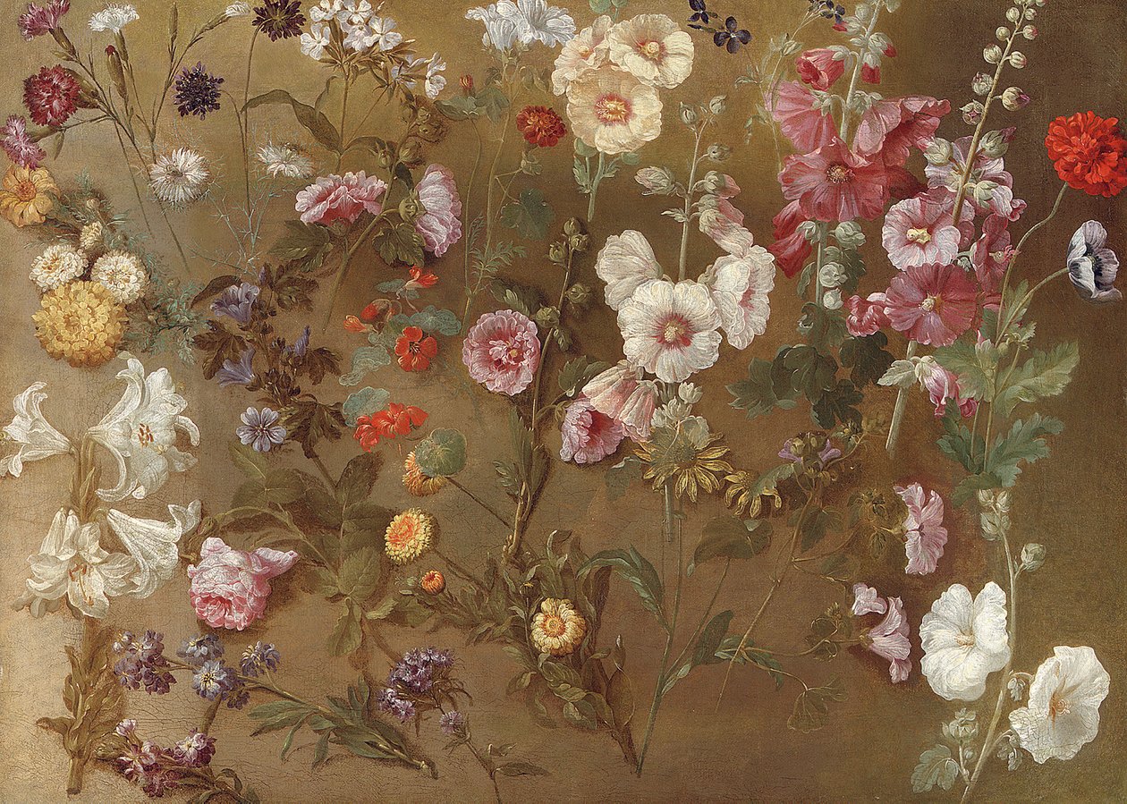 Compositie van bloemenstudies waaronder anjers, knoopkruid, zeepkruid, kaasjeskruid; stokrozen, Afrikaanse goudsbloemen, vergeet-mij-nietjes door Hyacinthe Francois Rigaud
