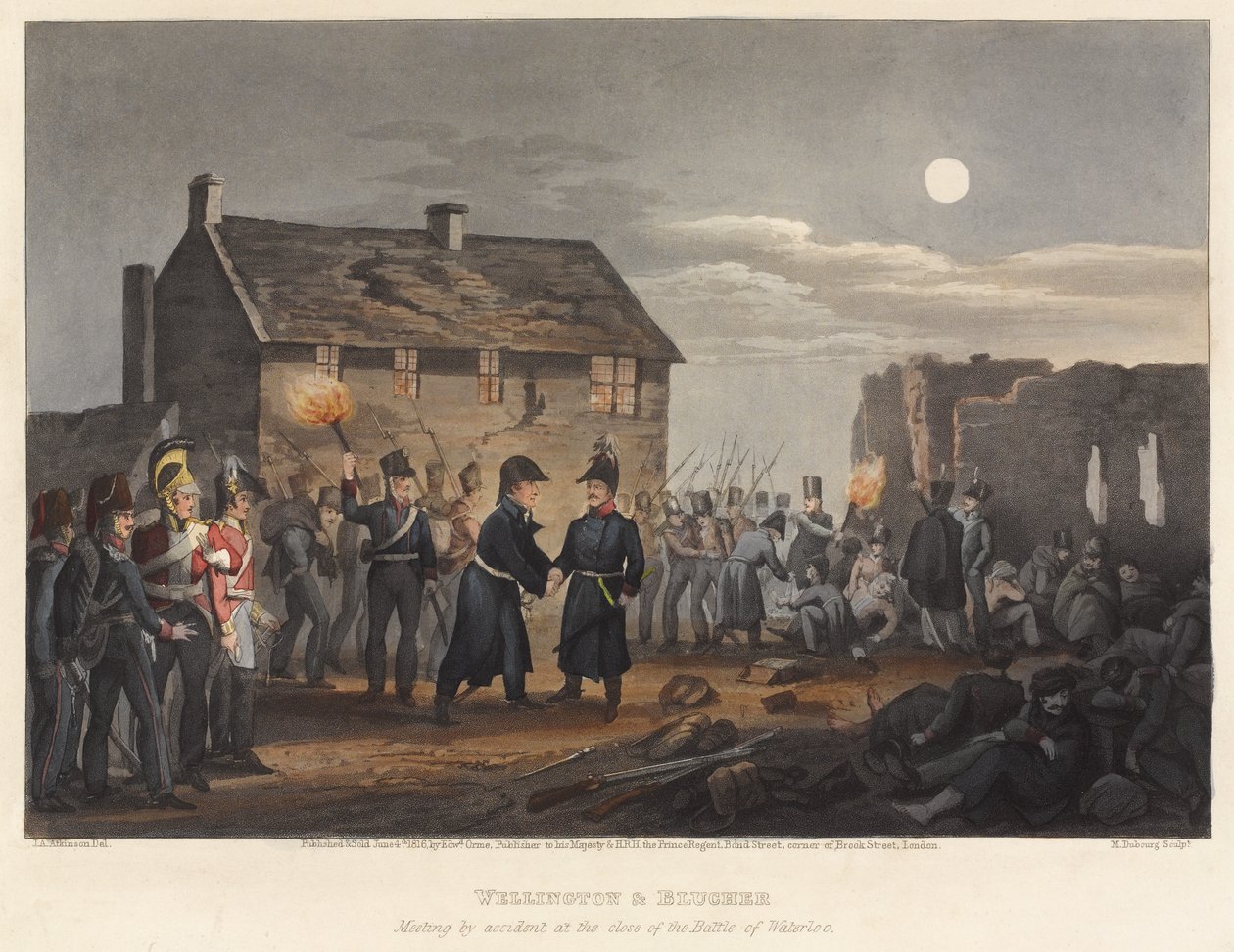 Wellington en Blücher ontmoeten elkaar per ongeluk aan het einde van de Slag bij Waterloo, gegraveerd door M. Dubourg, 1819 door I. M. Clark