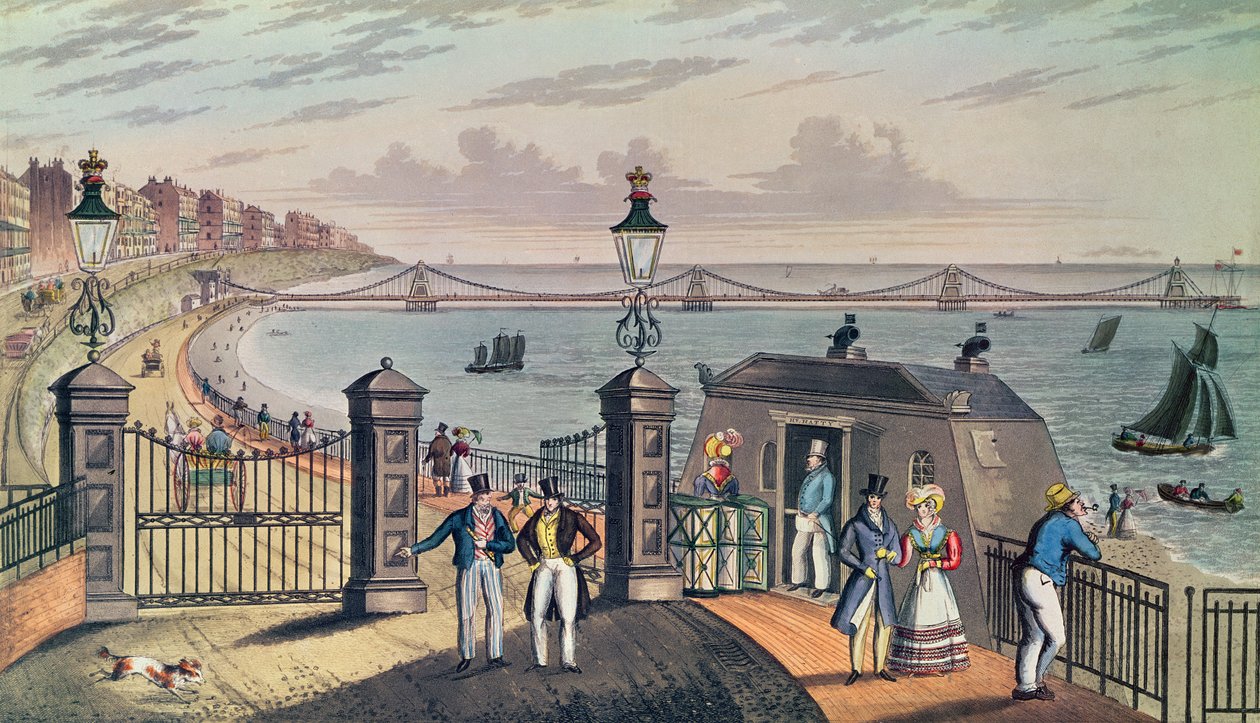 De Chain Pier aan de voorkant van Brighton, ontworpen en opgericht door Kapitein S. Brown R.N. in 1823, gegraveerd en gepubliceerd door de kunstenaar door Ian Bruce