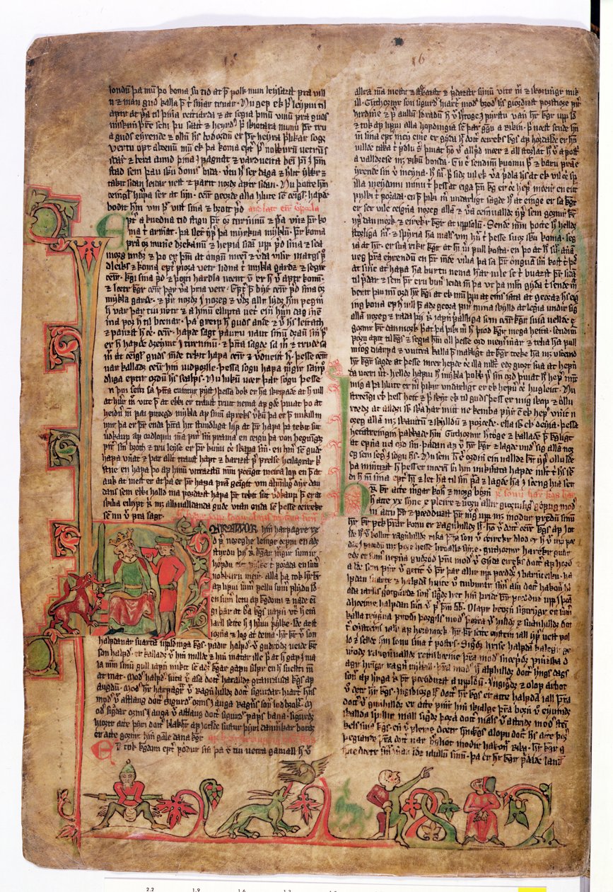 Geïllustreerde initiaal D aan het begin van De Saga van Olaf Tryggvason, uit Flateyjarbok (Het Boek van Flatey) eind 14e eeuw door Icelandic School