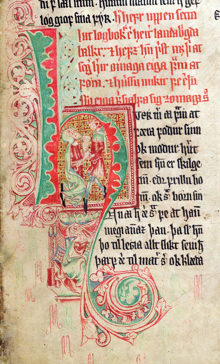 Geïllustreerde initiaal H, uit Skarosbok (Het Boek van Skard) ca. 1350 door Icelandic School