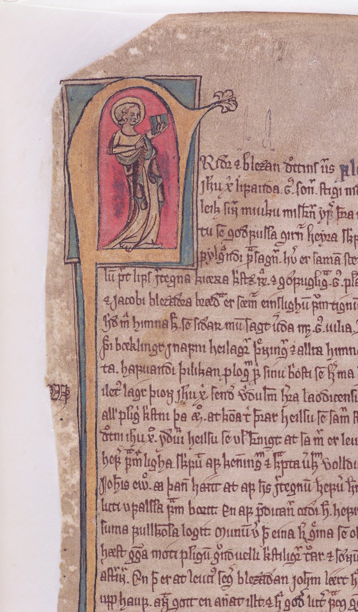 Geïllustreerde initiaal aan het begin van De Saga van de Twee Apostelen Johannes en Jacobus, uit Codex Scardensis, ca. 1360 door Icelandic School