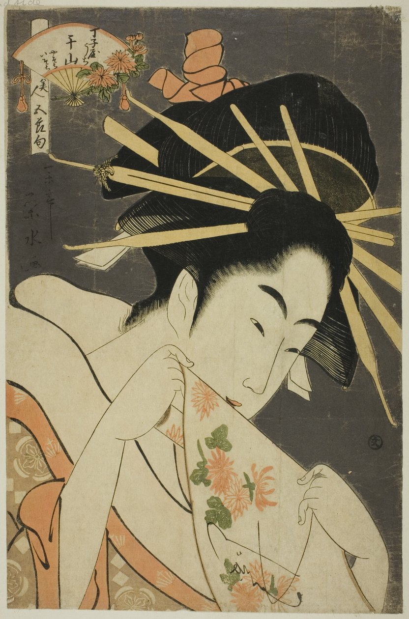 De courtisane Senzan van de Chojiya, uit de serie "Schoonheden van de Vijf Festivals (Bijin gosekku)" door Ichirakutei Eisui