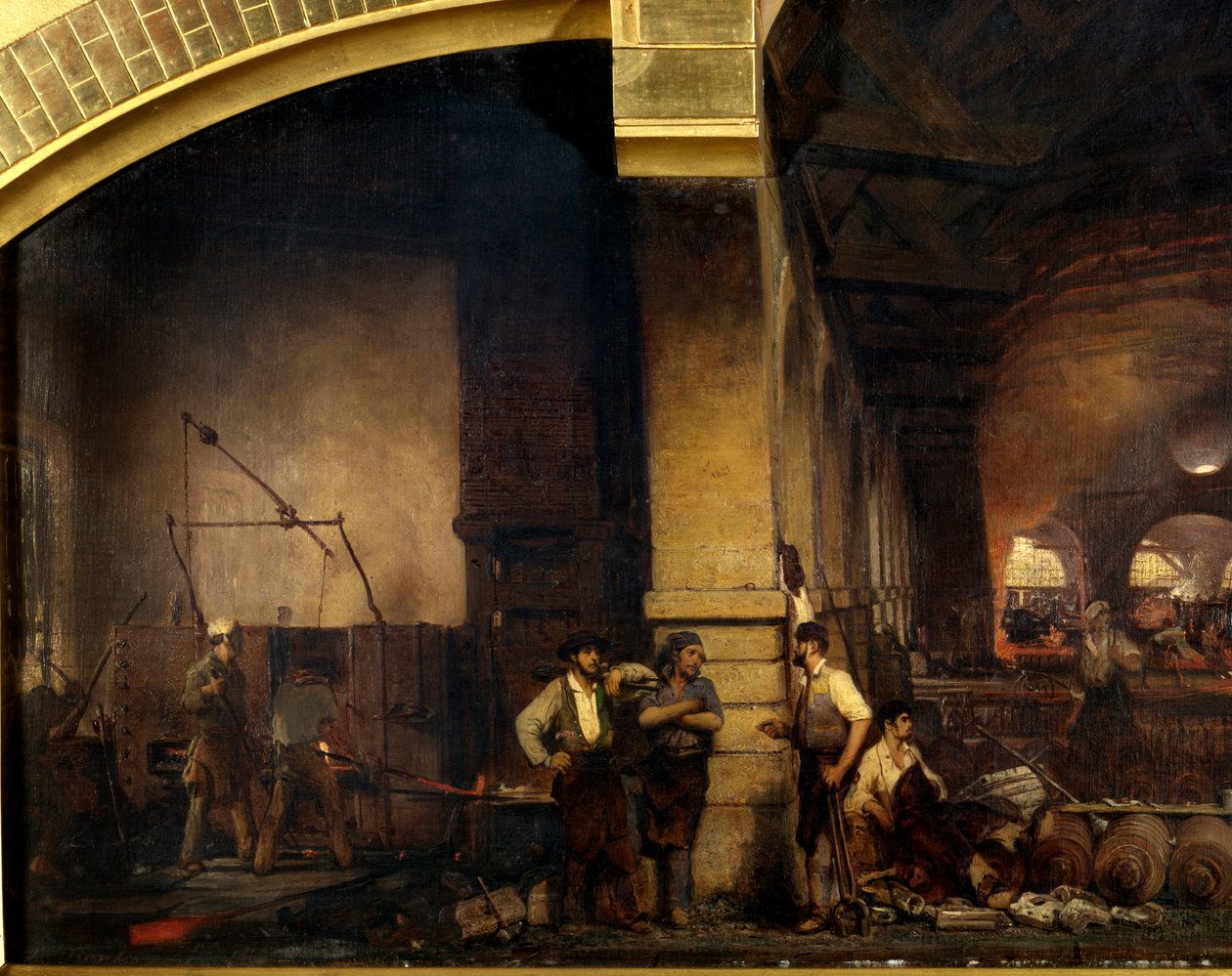 Metaalbewerking: De grote smederij van Fourchambault (detail) door Ignace Francois Bonhomme
