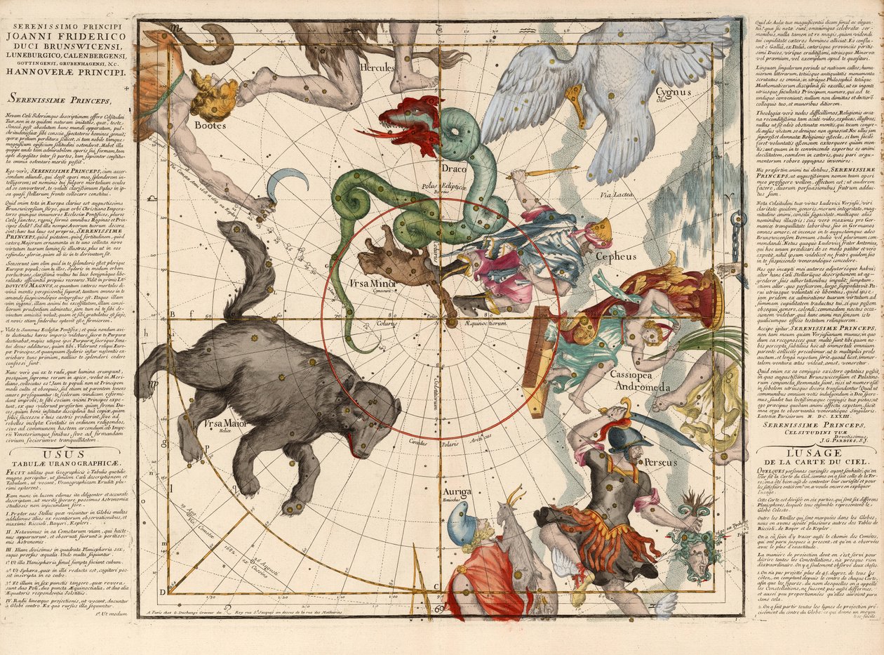 Noordpool, Plaat 1 uit Globi coelestis in tabulas planas redacti descriptio, uitgegeven 1674 (handgekleurde gravure) door Ignace Gaston Pardies