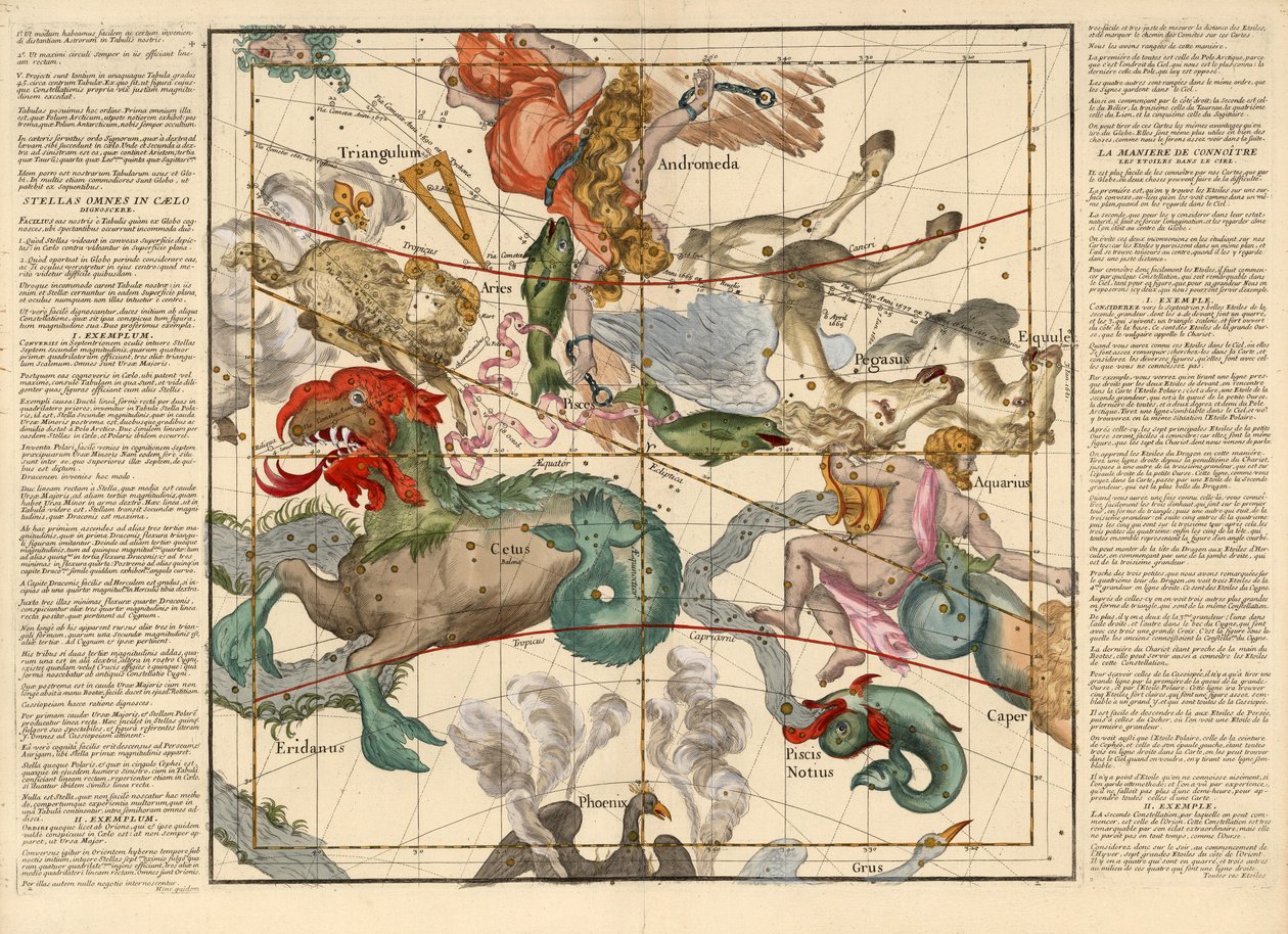 Lente-equinox, Plaat 2 uit Globi coelestis in tabulas planas redacti descriptio, uitgegeven 1674 (handgekleurde gravure) door Ignace Gaston Pardies