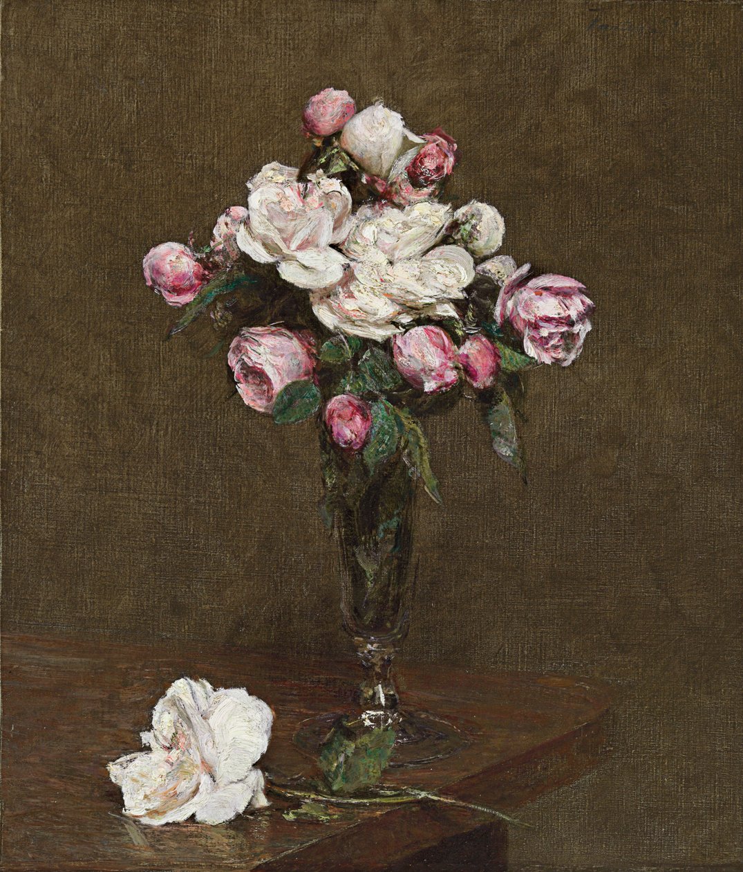 Roze en Witte Rozen in een Champagneglas door Ignace Henri Jean Fantin Latour