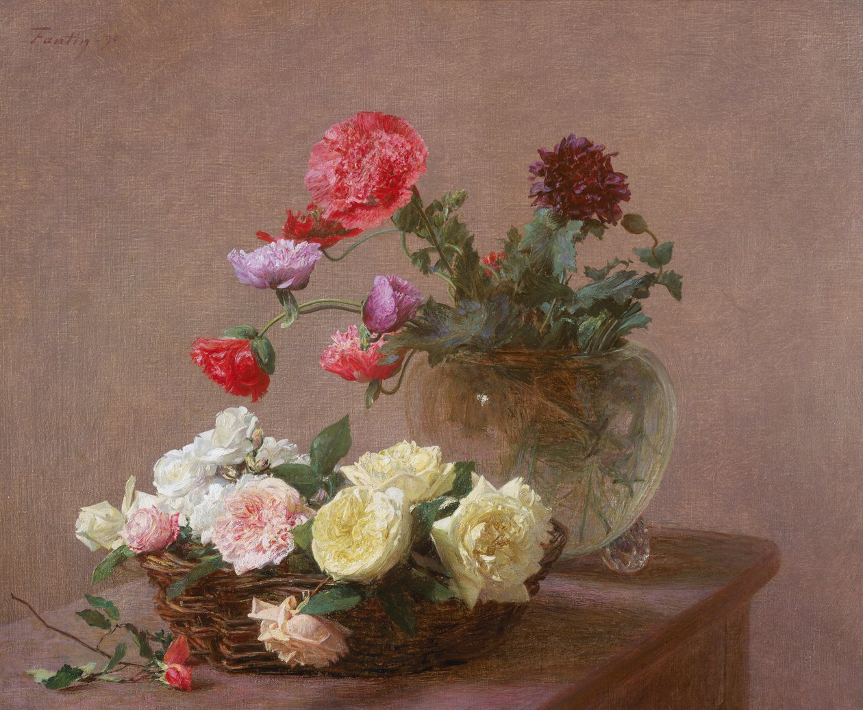 Klaprozen in een kristallen vaas, of mand met rozen, 1890 door Ignace Henri Jean Fantin Latour
