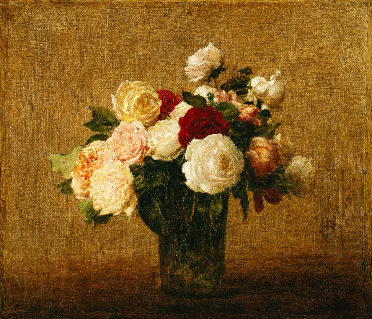 Rozen in een glazen vaas; Roses dans un Vase de Verre door Ignace Henri Jean Fantin Latour