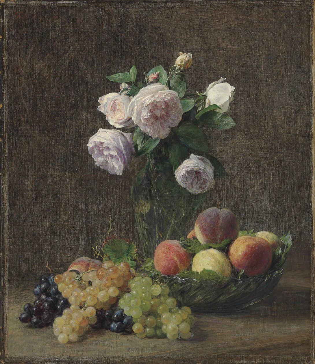 Vaas met rozen, perziken en druiven, 1894 door Ignace Henri Jean Fantin Latour