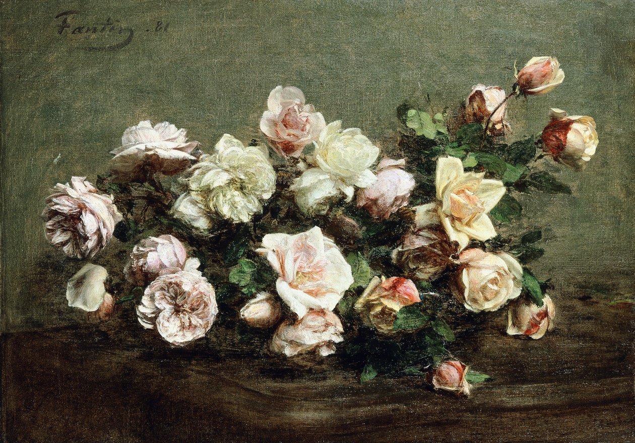 Vaas met witte rozen op een tafel door Ignace Henri Jean Fantin Latour