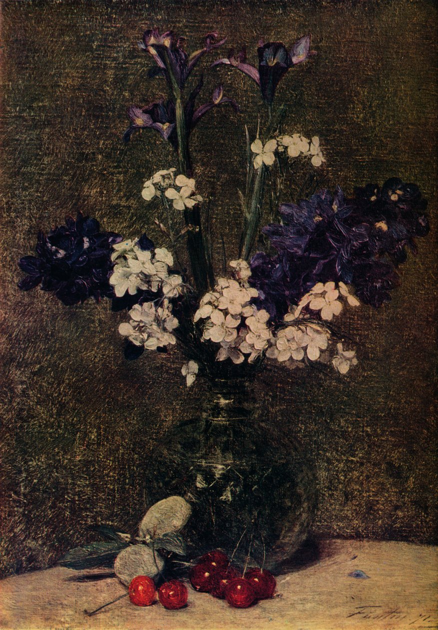 Vaas met bloemen, met kersen en amandelen op de tafel, stilleven, irissen, delphinium hybriden door Ignace Henri Jean Fantin Latour