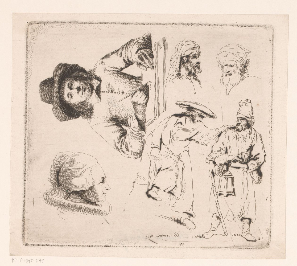 Compositie met schrijvende man, hoofd van een vrouw en vier mannelijke figuren door Ignace Joseph de Claussin
