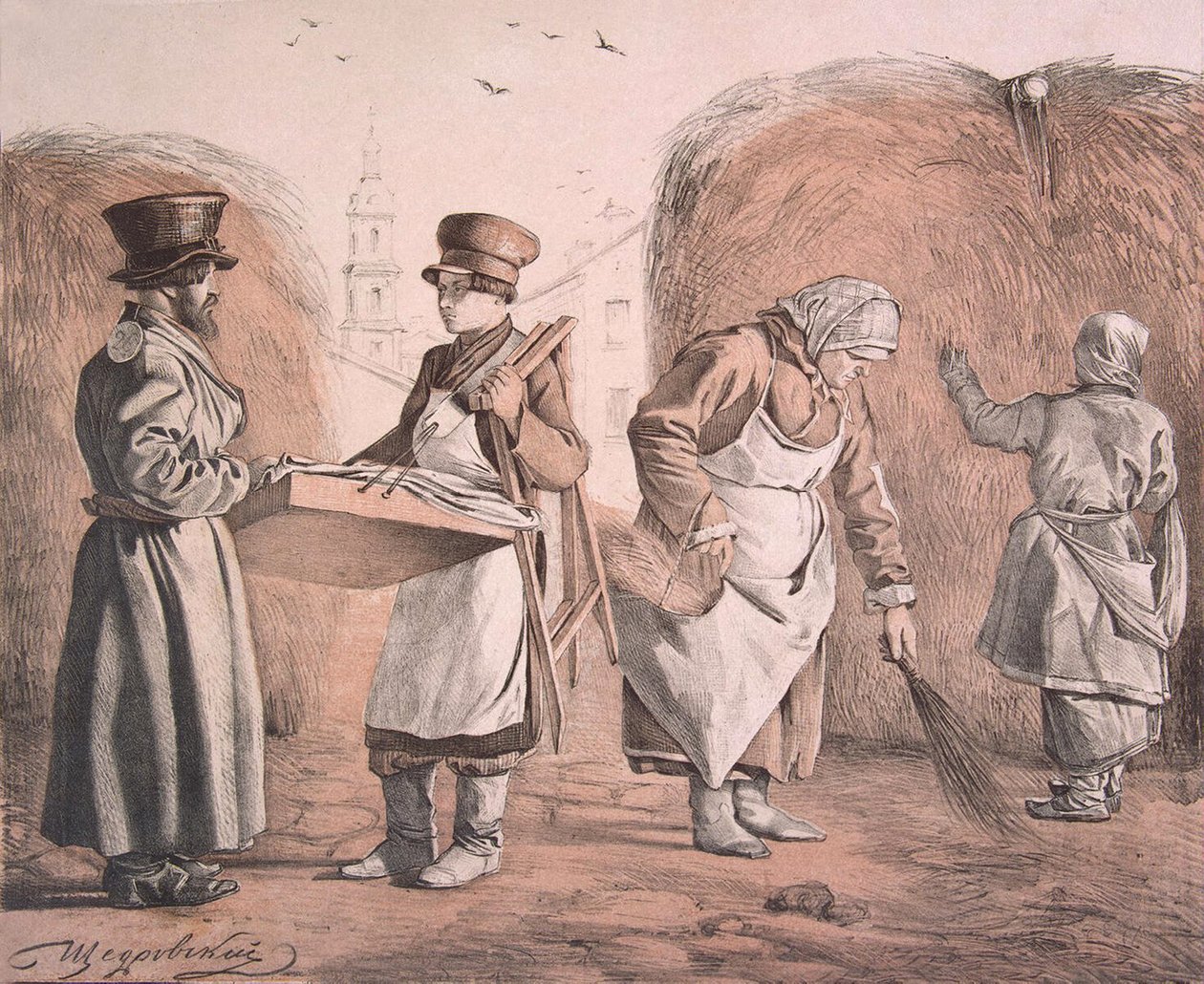 Straatventer van taarten en koetsier uit de serie Dit zijn onze mensen, 1842 door Ignati Stepanovich Shchedrovsky
