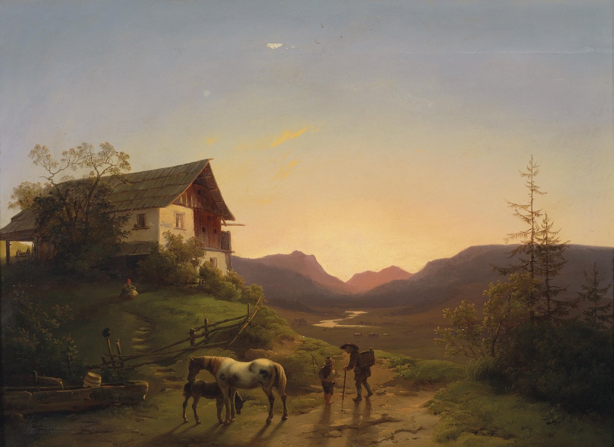 Avondstemming voor een uitgestrekt landschap met paarden door Ignaz Raffalt