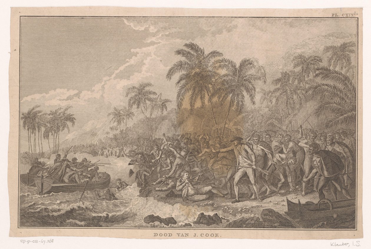 Dood van James Cook tijdens een gevecht met de inwoners van Hawaii door Ignaz Sebastian Klauber (possibly)