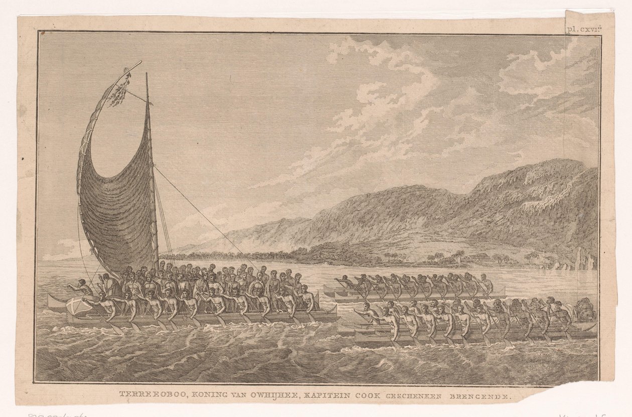Inwoners van Hawaii en hun koning varen in kano