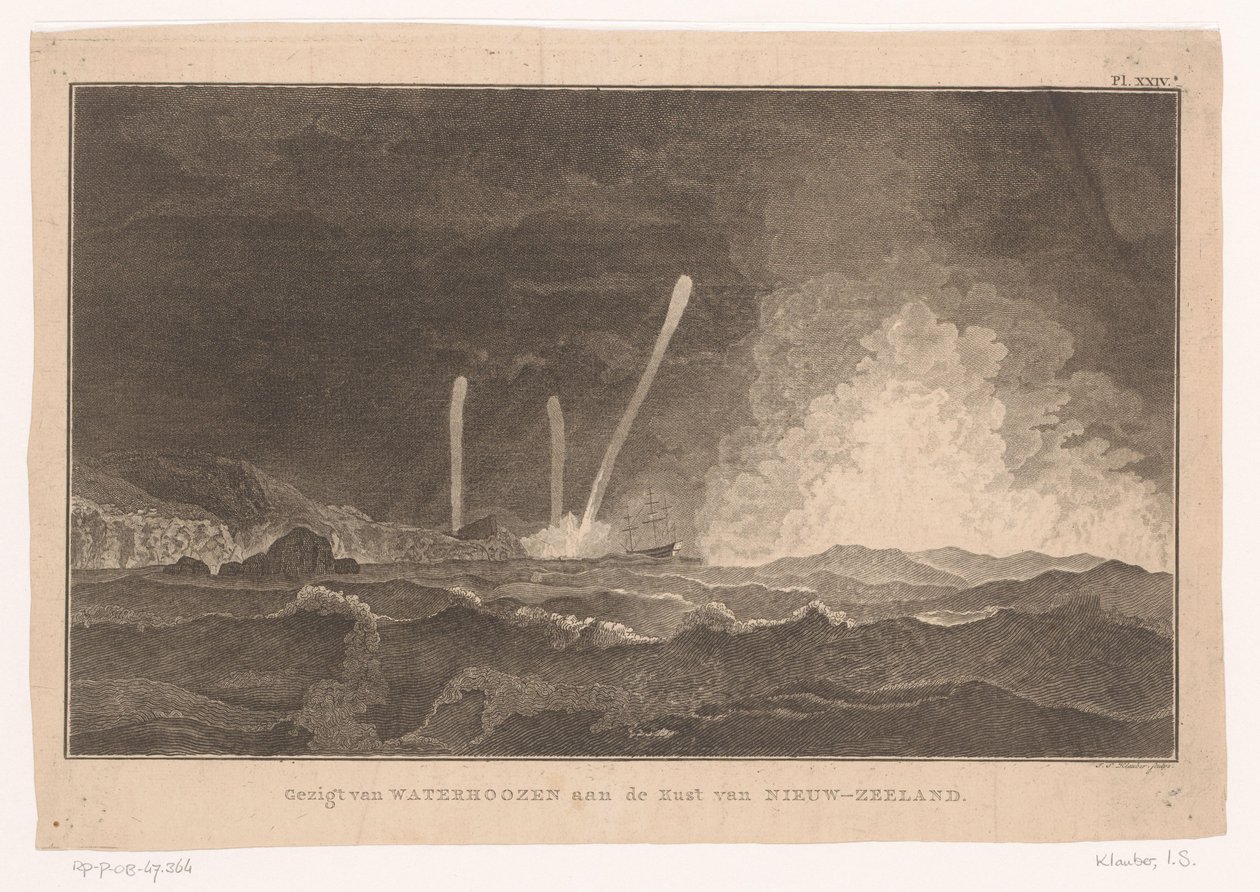Gezicht op waterhozen aan de kust van Nieuw-Zeeland door Ignaz Sebastian Klauber