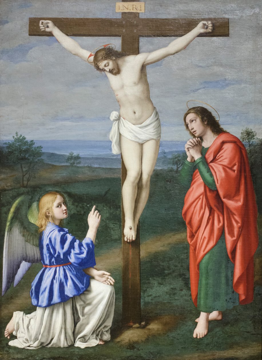 Gekruisigde Christus tussen een engel en Sint Johannes de Evangelist door Il (1609 85) Sassoferrato
