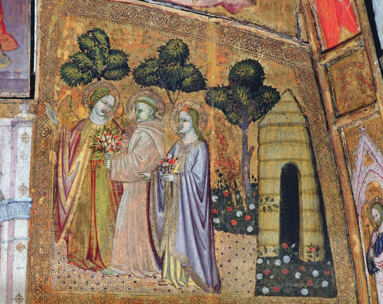 St. Franciscus vergezeld door twee engelen, fresco uit de Porziuncola, 1393 door Ilario da Viterbo