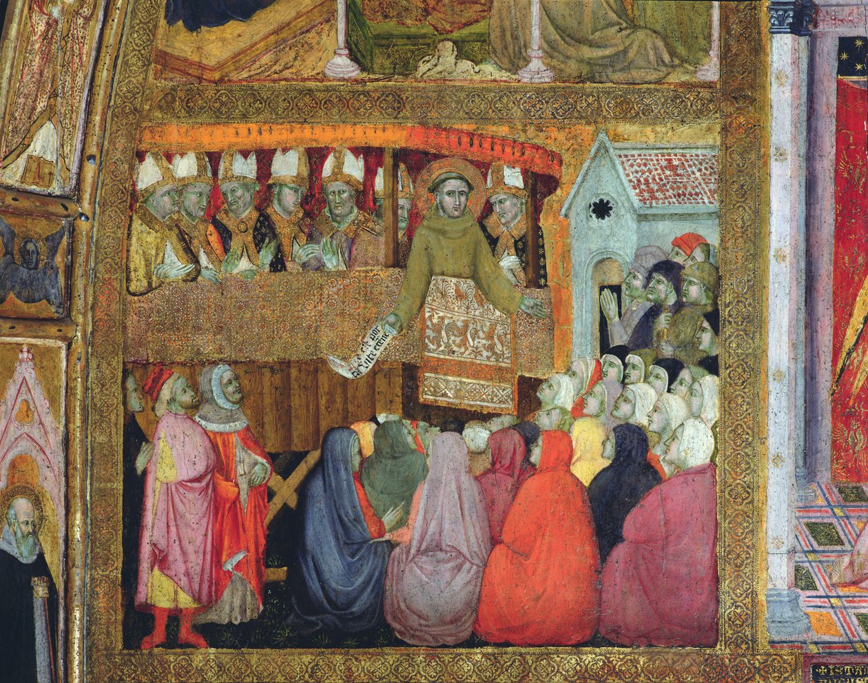 St. Franciscus Verkondigt de Aflaat, vergezeld door de Bisschoppen van Umbrië, fresco uit de Porziuncola, 1393 door Ilario da Viterbo