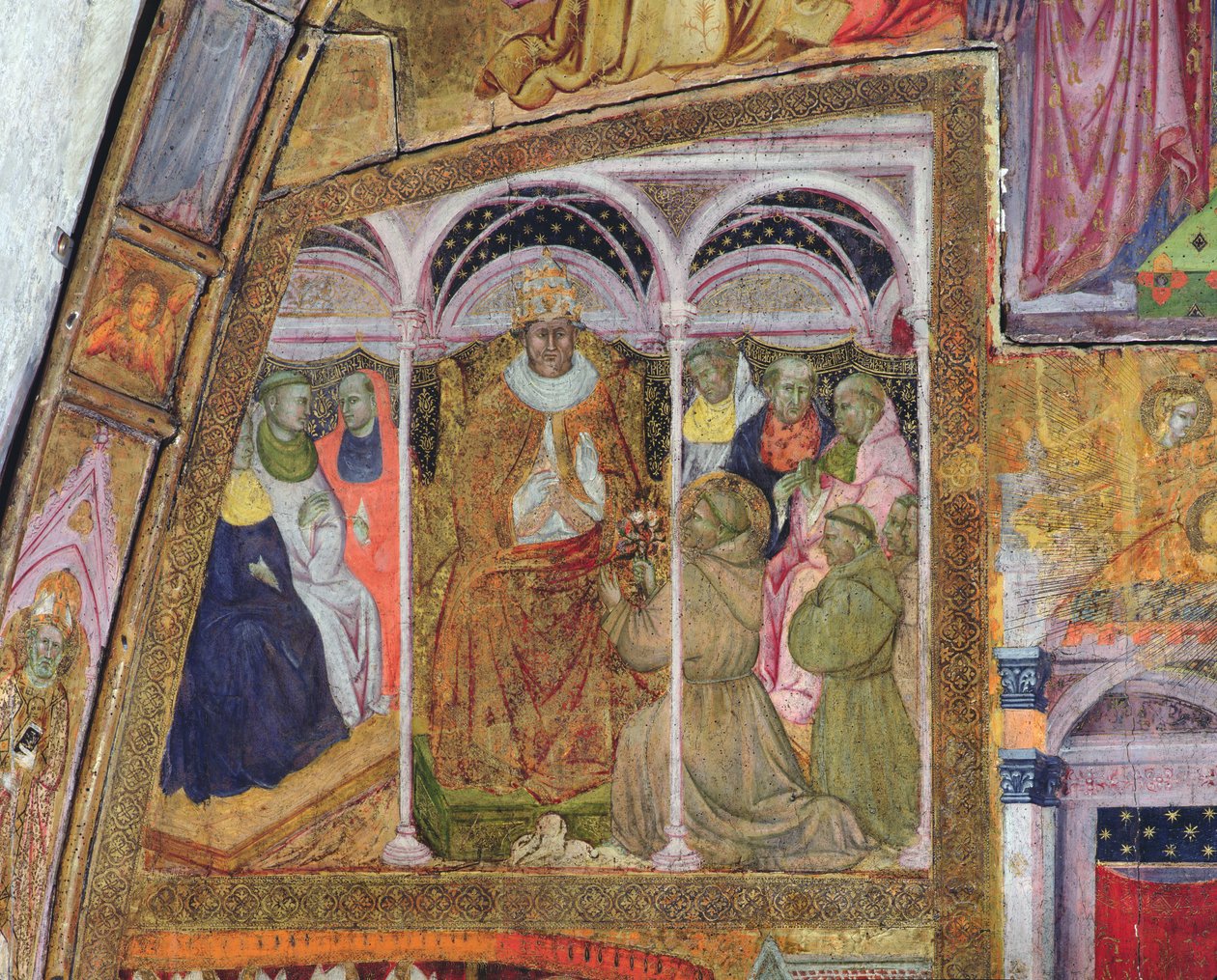 St. Franciscus smeekt Paus Honorius III om de Bevestiging van de Aflaat, fresco uit de Porziuncola, 1393 door Ilario da Viterbo