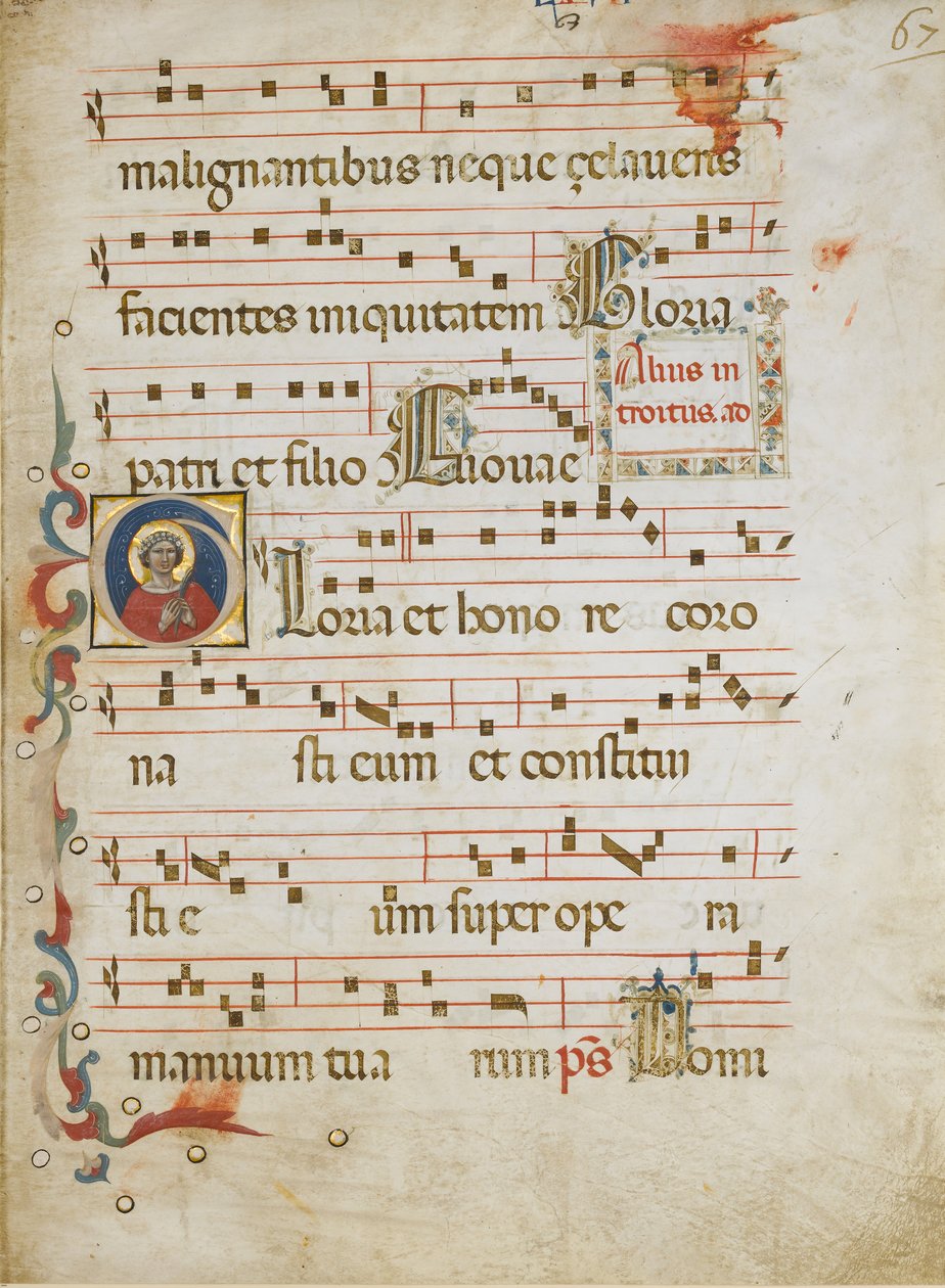 Manuscriptblad met een vrouwelijke heilige mogelijk Dorothy in een Initiaal G, ca. 1330-40 door Illustratore
