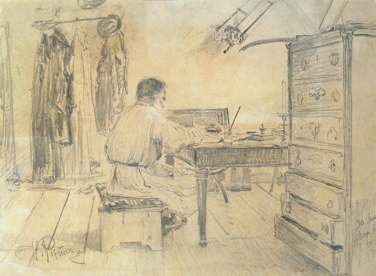 Leo Tolstoy (1818-1910) in zijn studeerkamer, 1891 door Ilya Efimovich Repin