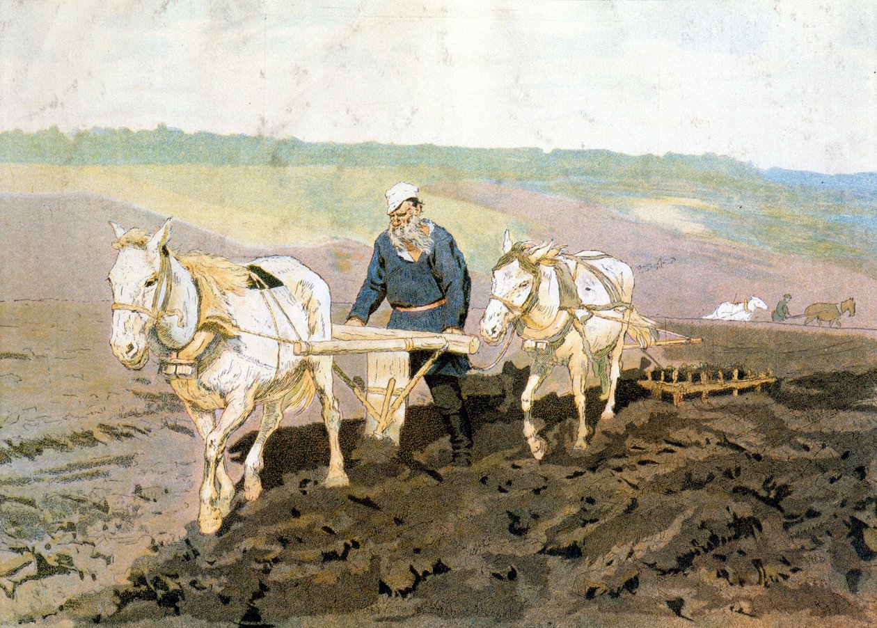Graaf Tolstoy aan het ploegen - volgens het schilderij van Repine door Ilya Efimovich (after) Repin