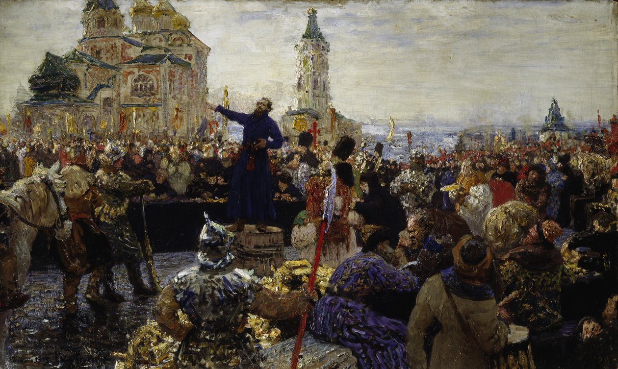 Kouzma Minine roept het volk van Nizjni Novgorod op in 1611 door Ilya Efimovich Repin