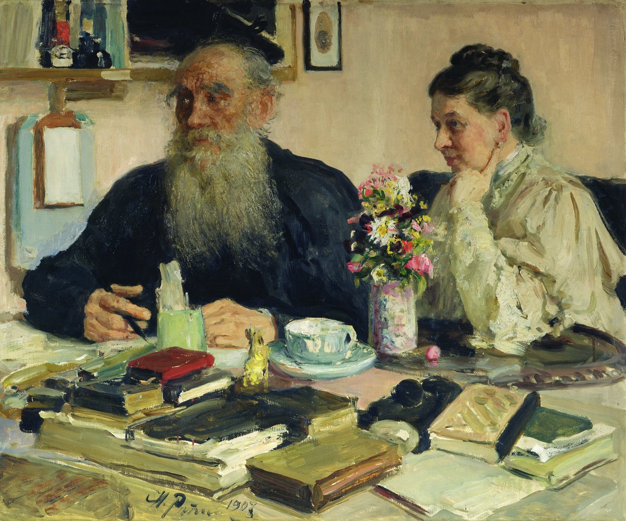 Leo Tolstoy met zijn vrouw in Yasnaya Polyana, 1907 door Ilya Efimovich Repin