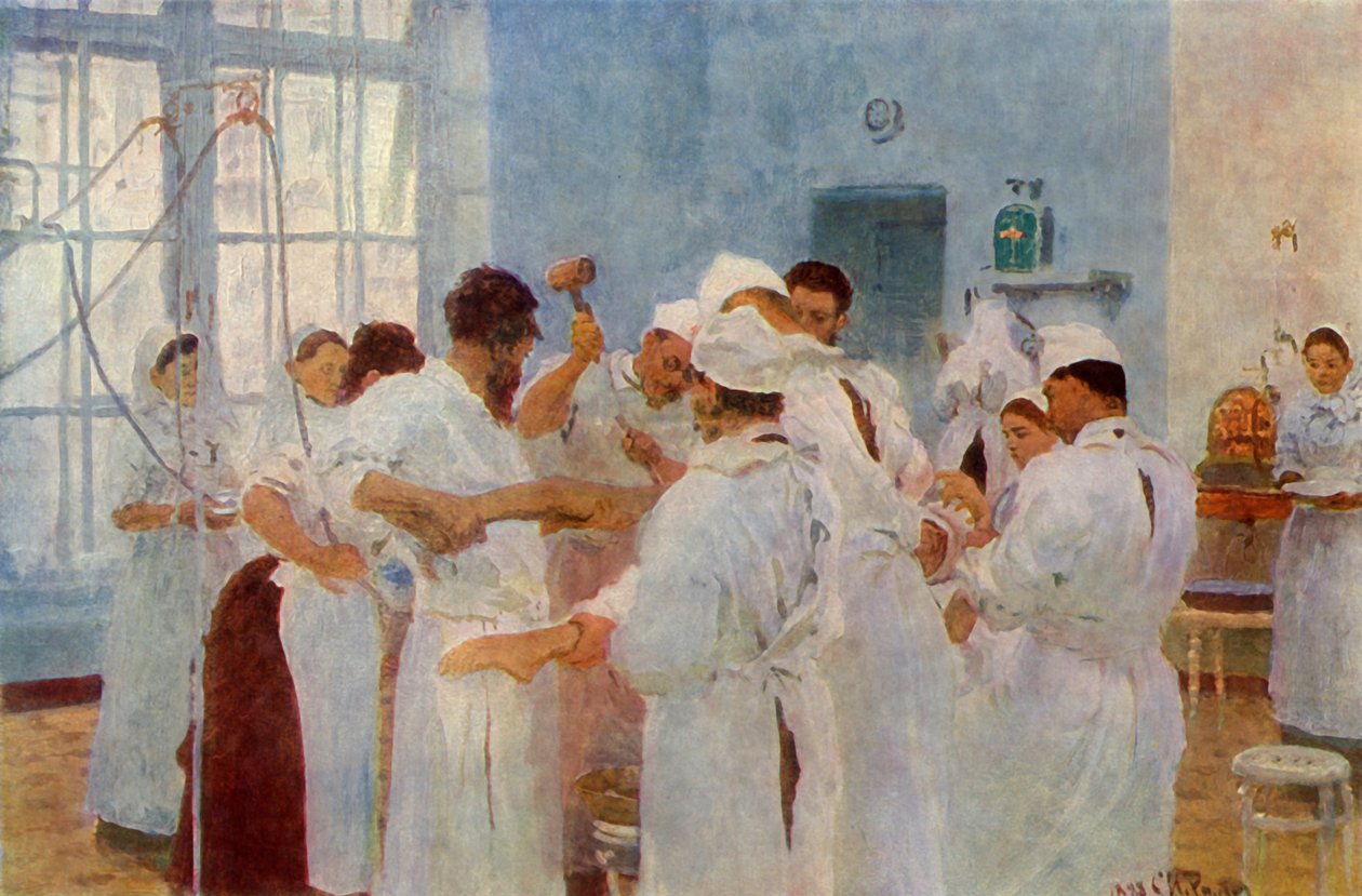 Chirurg Yevgeni Vasilyevich Pavlov 1845-1916 in de operatiekamer door Ilya Efimovich Repin