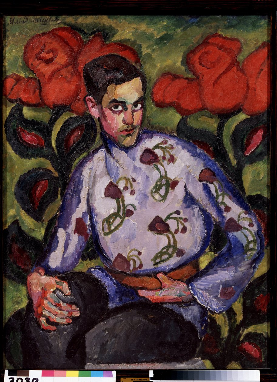 Portret van een jongen met een bloemenhemd. door Ilya Ivanovich Mashkov