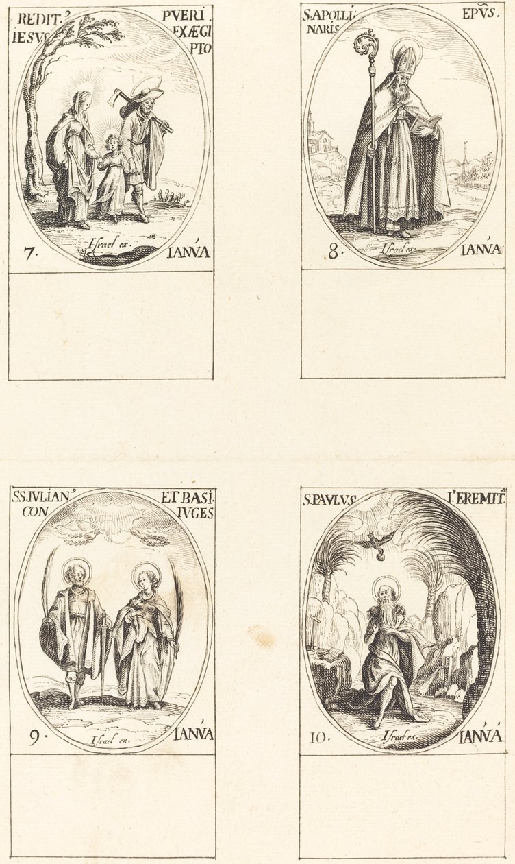 Terugkeer uit Egypte; St. Apollinaire; St. Julianus en Basilissa; St. Paulus Kluizenaar door Imitator of Jacques Callot