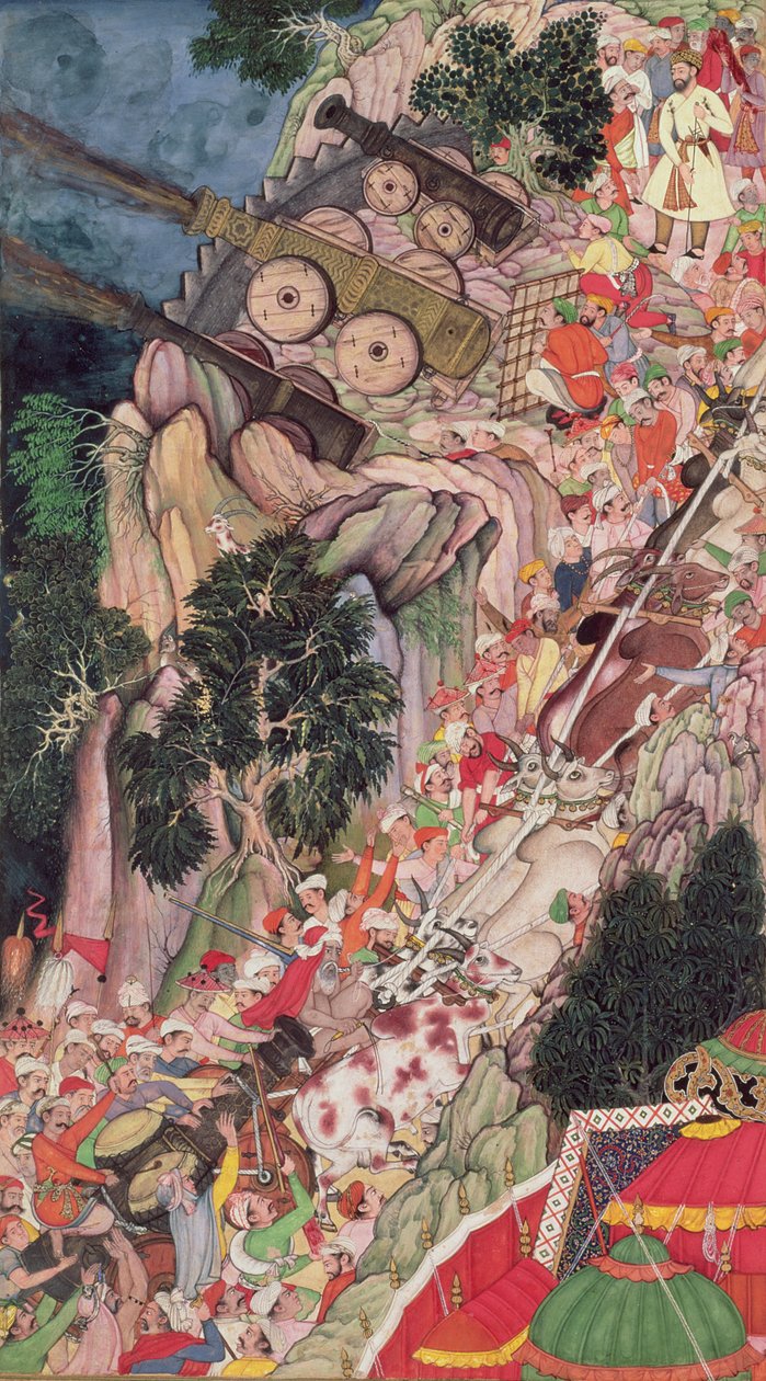 Stieren die belegeringskanonnen bergopwaarts slepen tijdens een aanval op het fort Ranthambhor, uit de Akbarnama, Mughal, ca. 1590-95 door Indian School