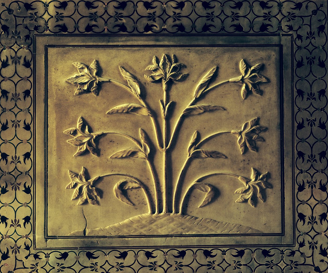 Bloeiende plant, detail van een paneel uit de cirkelvormige galerij, 1631-41 (marmer) door Indian School
