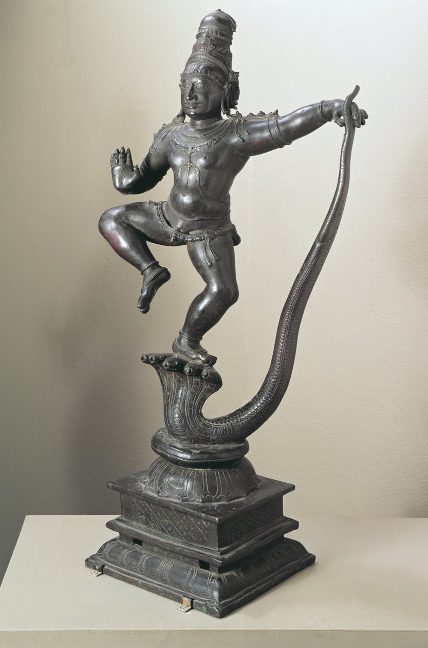 Krishna als jongen die de slang Kalilya bedwingt, Madras, 16e-17e eeuw door Indian School